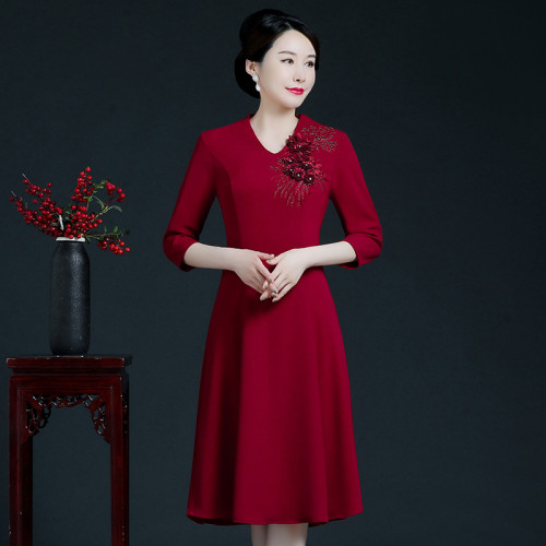 媽媽裝禮服氣質時尚立體綉花女裝釘珠婚宴婆婆裝連衣裙女