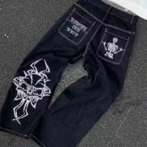 潮牌全刺綉爆品全刺綉骷髏頭棉休閒褲男式直筒褲潮休閒工裝褲
