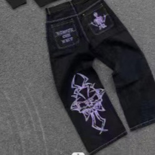潮牌全刺綉爆品全刺綉骷髏頭棉休閒褲男式直筒褲潮休閒工裝褲