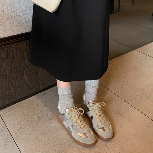 蘇茵茵同款銀色德訓鞋女2025新款韓版真皮拼色休閒運動鞋百搭板鞋