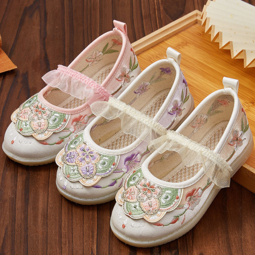 龍年春季3D繁花布鞋單鞋兒童古代漢服鞋女童風復古綉花鞋