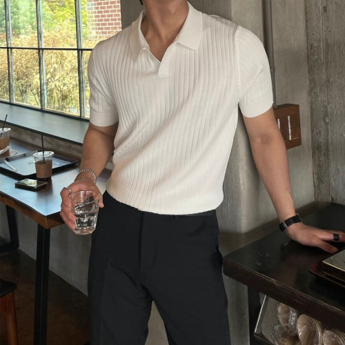 夏季條紋短袖POLO杉男韓版修身翻領純色休閒薄款半袖潮流針織上衣