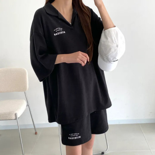 運動休閒套裝女夏薄款寬松Polo領短袖韓版百搭情侶短褲兩件套ins