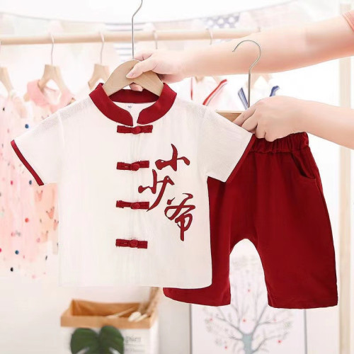 童裝漢服男童唐裝2024夏季新款套裝寶寶風國學服古裝潮棉麻