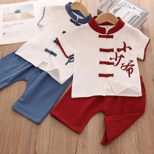 童裝漢服男童唐裝2024夏季新款套裝寶寶風國學服古裝潮棉麻