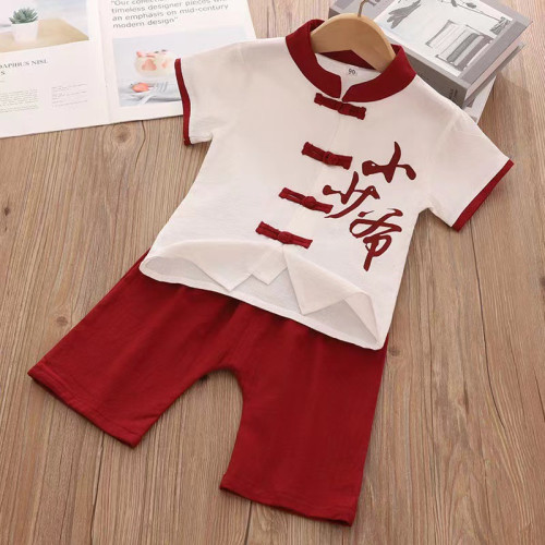 童裝漢服男童唐裝2024夏季新款套裝寶寶風國學服古裝潮棉麻
