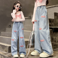 2026春季新款女童網紅牛仔褲中大童韓版洋氣綉花濶腿褲兒童長褲子