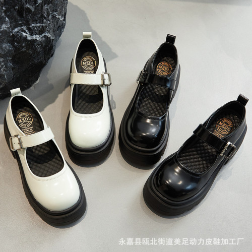 美足動力復古粗跟瑪麗珍鞋女2024春新款英倫風圓頭厚底增高小皮鞋