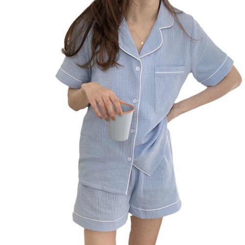 夏天純棉紗布睡衣女甜美少女風薄款寬松短袖短褲可外穿家居服套裝