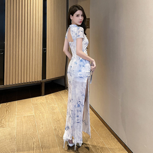 氣質復古印花改良性感開叉夏裝新款名媛修身顯瘦中長連衣裙晚禮服