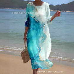 2023夏季新款歐美女裝寬松圓領時尚高級長袖印花連衣裙