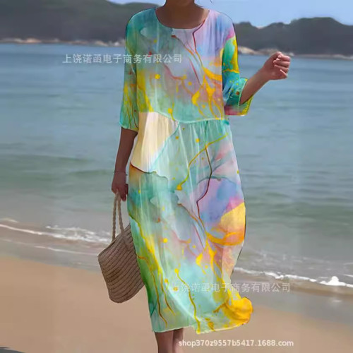 2023夏季新款歐美女裝寬松圓領時尚高級長袖印花連衣裙