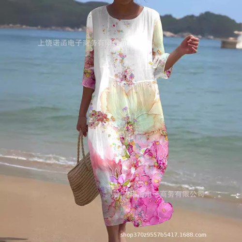 2023夏季新款歐美女裝寬松圓領時尚高級長袖印花連衣裙