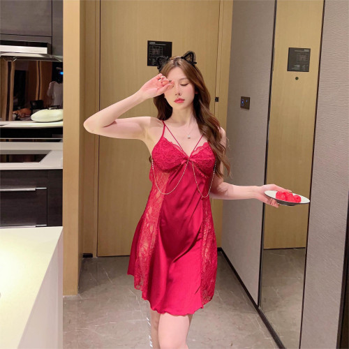 一簾幽夢春夏季新款蕾絲鏤空性感睡衣女鏈條吊帶睡裙帶胸墊兩件套