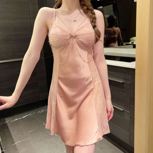 一簾幽夢春夏季新款蕾絲鏤空性感睡衣女鏈條吊帶睡裙帶胸墊兩件套