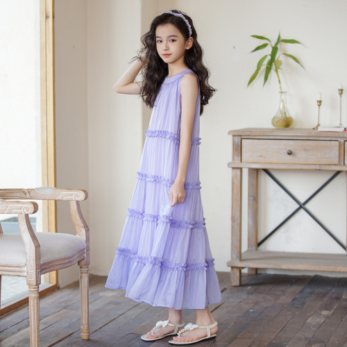 女童連衣裙夏季無袖吊帶長裙子2024新款中大童兒童女孩洋氣雪紡裙
