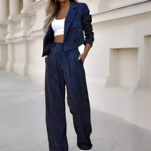 2024歐美女裝氣質休閒條紋短款翻領西裝直筒褲套裝
