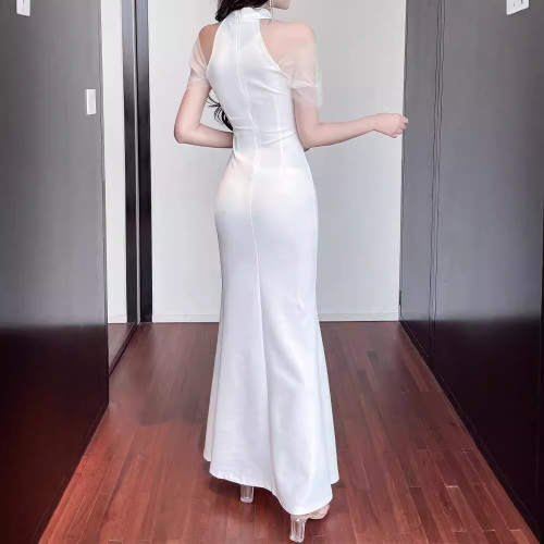 5308 性感旗袍裙女新款足浴技師工裝長裙收腰連衣裙黑色包臀裙