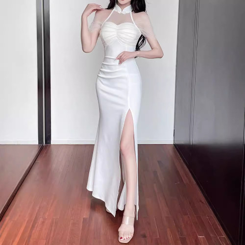 5308 性感旗袍裙女新款足浴技師工裝長裙收腰連衣裙黑色包臀裙