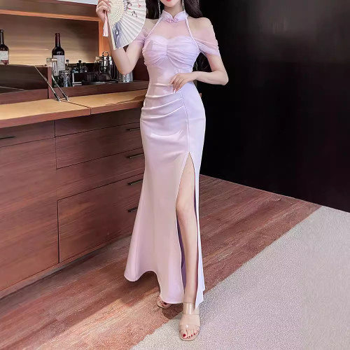 5308 性感旗袍裙女新款足浴技師工裝長裙收腰連衣裙黑色包臀裙