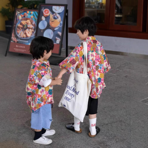 海邊度假沙灘親子裝一家三口夏威夷襯衫寬松復古港風雪紡母子襯衣