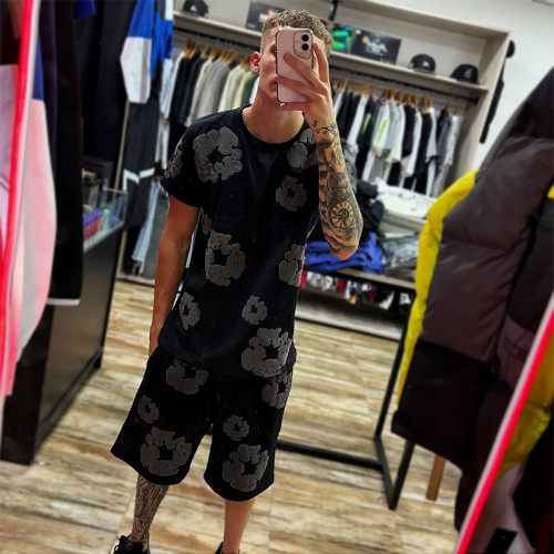 套裝DENIM TEARS美式滿印髮泡短褲木棉花圓領純棉侃爺短袖T恤