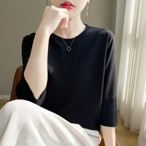 圓領絲光棉七分袖t恤女2024春夏新款氣質百搭棉線打底衫半袖女