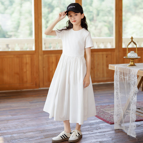 女童連衣裙夏季無袖背心純色棉布裙子2024韓版新款大童兒童公主裙