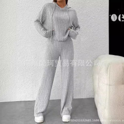 2024歐美秋冬新款休閒針織坑條磨毛連帽衛衣寬松長袖長褲