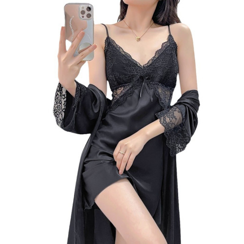 2024新品睡衣女春秋薄款冰絲綢吊帶睡裙睡袍兩件套裝帶胸墊純欲風