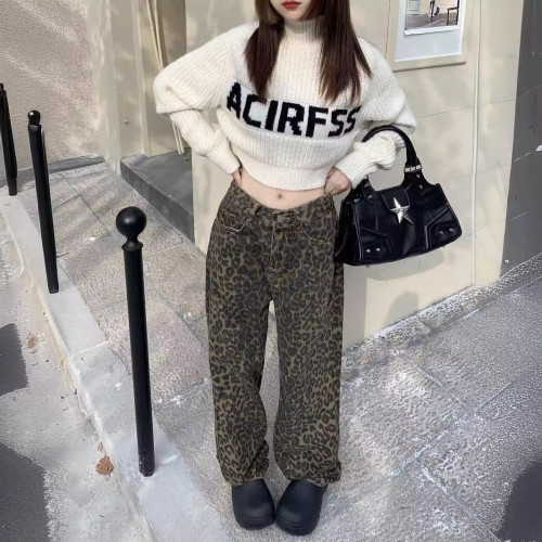 2024春秋新款豹紋百搭牛仔褲女復古設計感小衆寬松直筒休閒濶腿褲