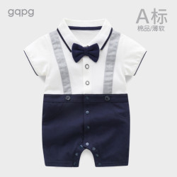 嬰兒夏裝男寶寶滿月服百天一周嵗禮衣服薄款百日宴短袖紳士連體衣