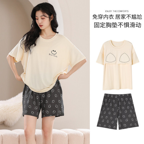 夏季帶胸墊睡衣女莫代爾2024年新款高級感短袖涼感夏天家居服套裝