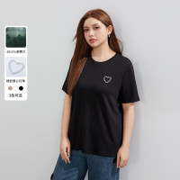 天絲棉T恤纖莉秀大碼女裝愛心釘珠簡約柔軟上衣胖mm2024春裝新款
