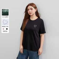 天絲棉T恤纖莉秀大碼女裝愛心釘珠簡約柔軟上衣胖mm2024春裝新款