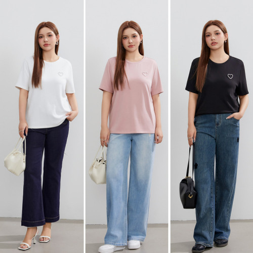 天絲棉T恤纖莉秀大碼女裝愛心釘珠簡約柔軟上衣胖mm2024春裝新款