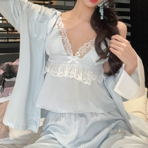 條紋冰絲睡衣女套裝性感吊帶短褲帶胸墊四件套可外穿家居服