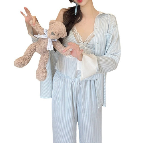 條紋冰絲睡衣女套裝性感吊帶短褲帶胸墊四件套可外穿家居服