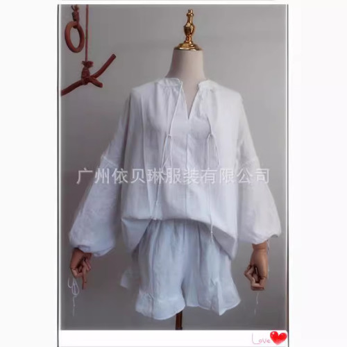時尚棉麻純色寬松V領燈籠袖短褲兩件套夏季百搭性感系帶高腰套裝