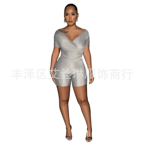 GL6721歐美女裝 時尚純色反光褶皺V領褲套裝兩件套