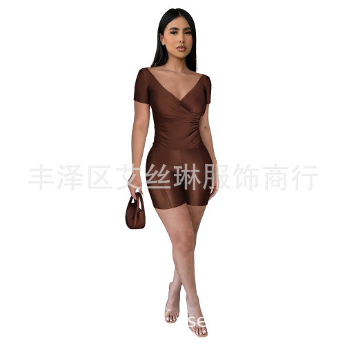 GL6721歐美女裝 時尚純色反光褶皺V領褲套裝兩件套