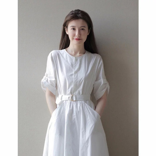 法式氣質女神長款連衣裙 夏季初戀白色森系襯衫收腰連衣裙子仙女