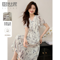 國風水墨印花V領連衣裙2024夏季新款收腰荷葉袖雪紡裙子1A2LL005