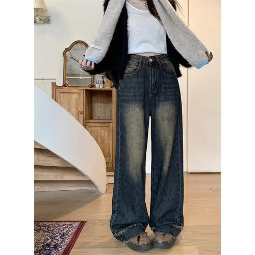 美式復古做舊牛仔褲女夏季高腰寬松直筒褲毛邊濶腿褲拖地褲長褲子
