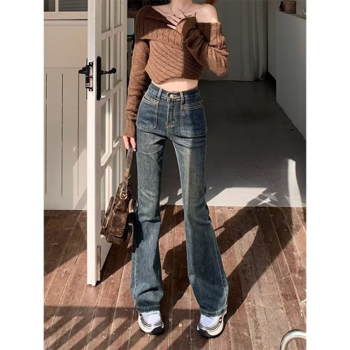 復古做舊牛仔褲女春夏高腰垂感微喇叭褲修身顯瘦彈力濶腿馬蹄褲子