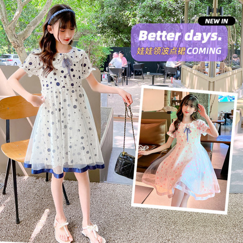 2025夏季女童甜美可愛波點連衣裙女孩時尚休閒洋氣圓點中長裙子