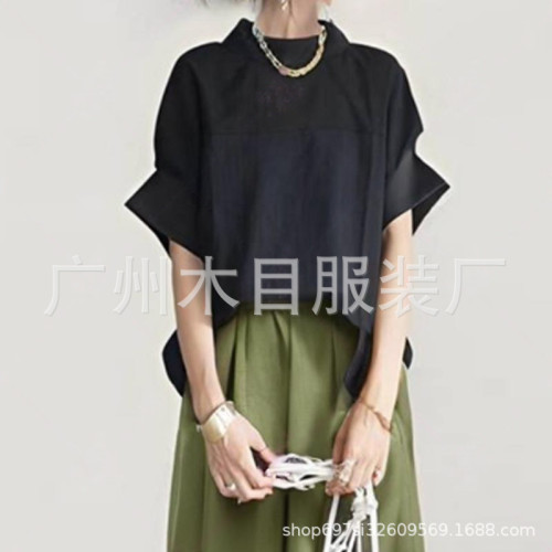  2024春夏新款套裝日系氣質優雅蝙蝠袖襯衫+濶腿褲兩件套套裝
