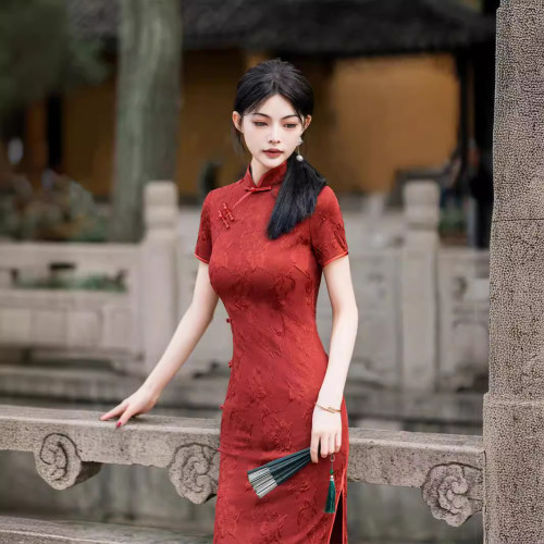 6027紅色旗袍2024春夏新款新娘敬酒服訂婚禮服新中式改良款連衣裙