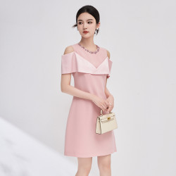 2413508-2024夏季南油重工釘鑽名媛氣質優雅女人露肩連衣裙女裝新