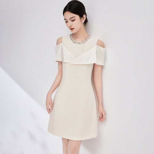 2413508-2024夏季南油重工釘鑽名媛氣質優雅女人露肩連衣裙女裝新